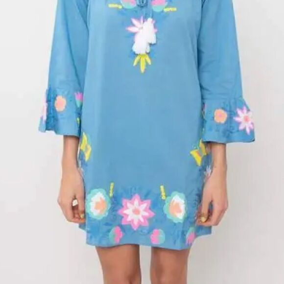Debbie Katz South Beach Blue Violetta Embroidered Floral Tunic 100% Cotton Sz S - Picture 2 of 13